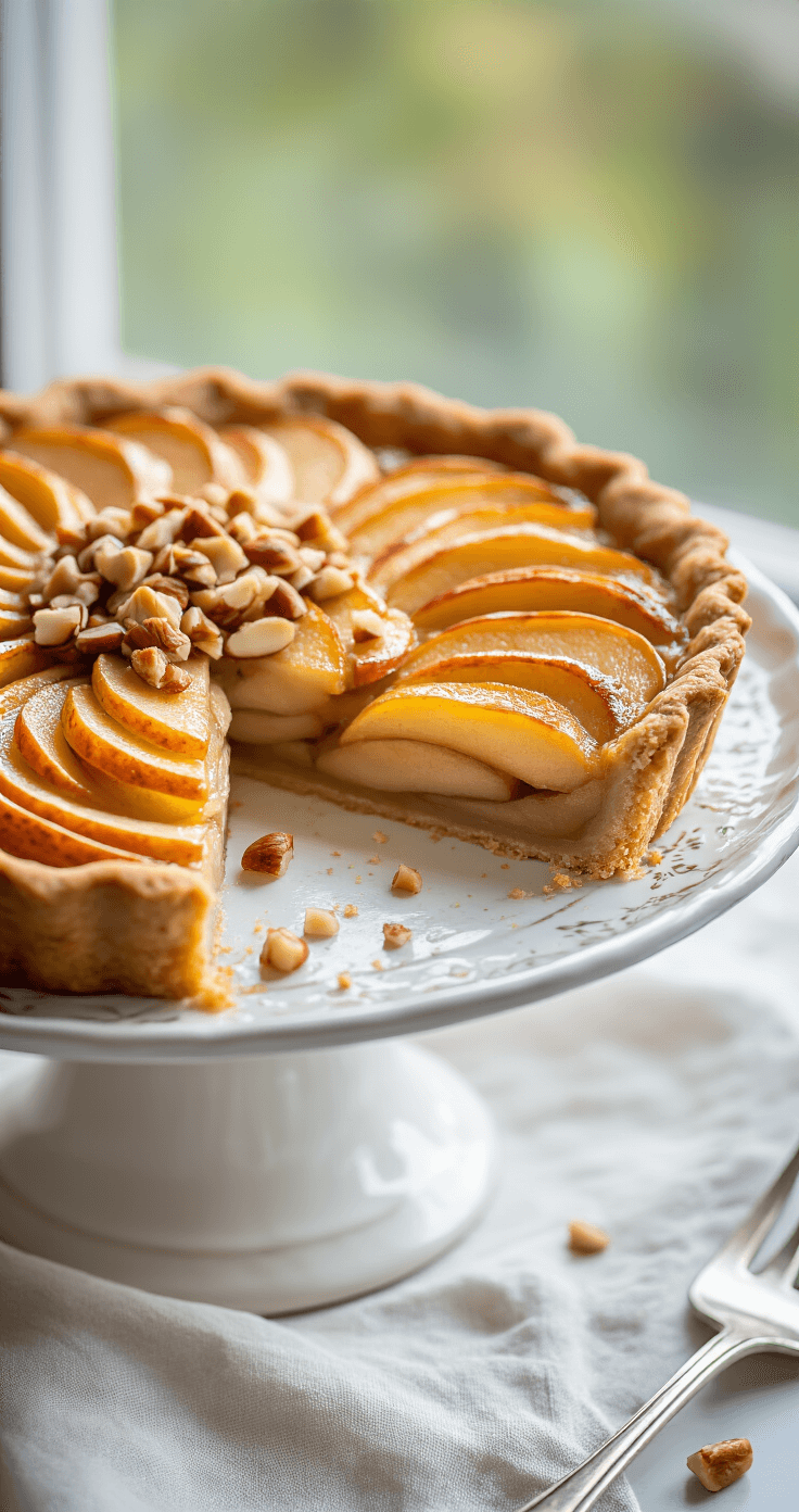 Vers baked, gouden-kleurige low-carb appel taart op een vintage keramische taartstandaard, met stijgende stoom en zichtbaar gekarameliseerde appellagen, bedekt met gehakte noten, verlicht door zacht namiddaglicht.