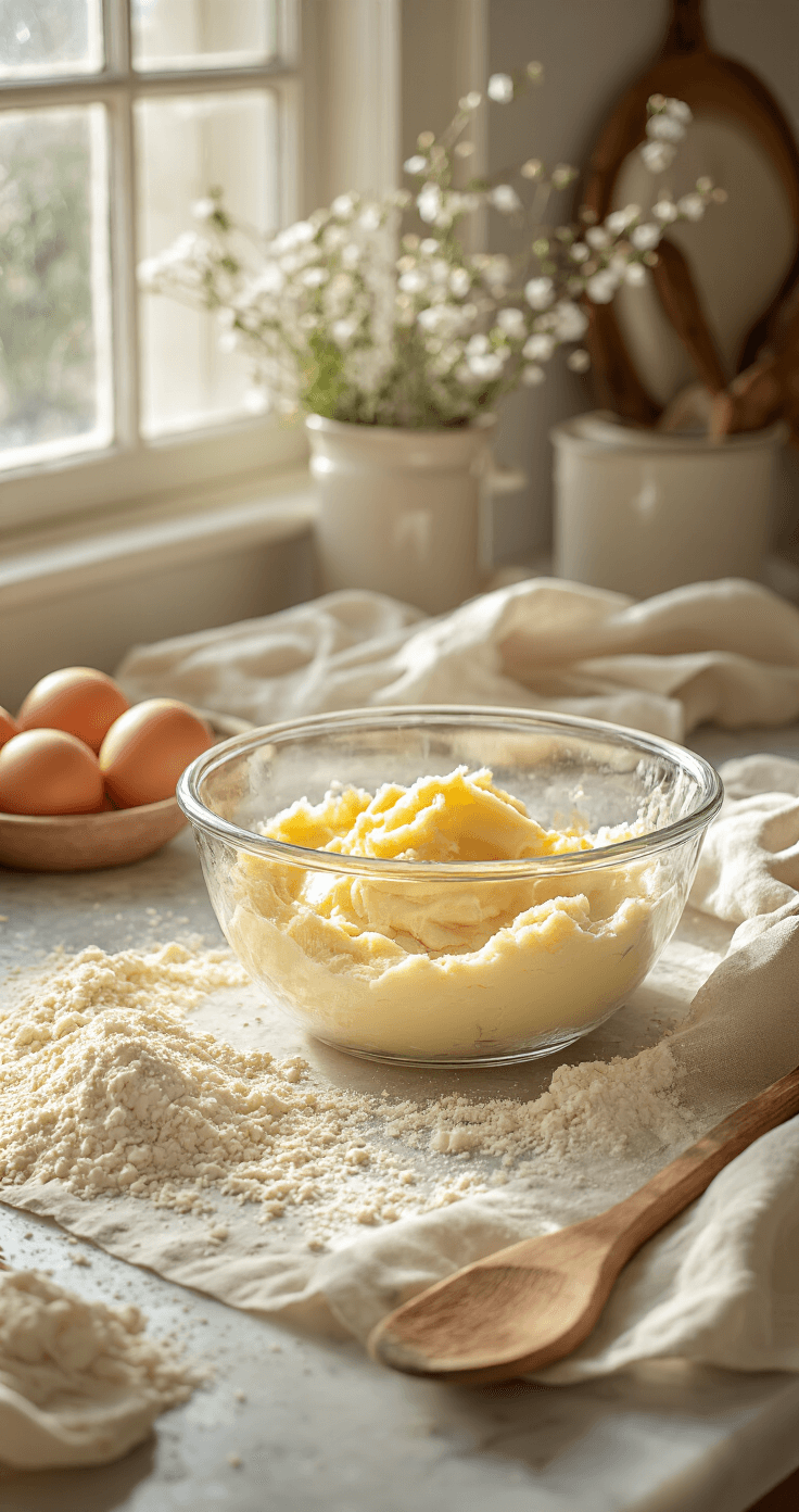 Een rustige keuken met ochtendlicht, waar amandelmeel en gesmolten roomboter in een glazen kom worden gemengd. Een 18cm springvorm met bakpapier staat op een marmeren aanrecht, met een houten spatel ernaast. Gouden boterdruppels glinsteren in het licht.