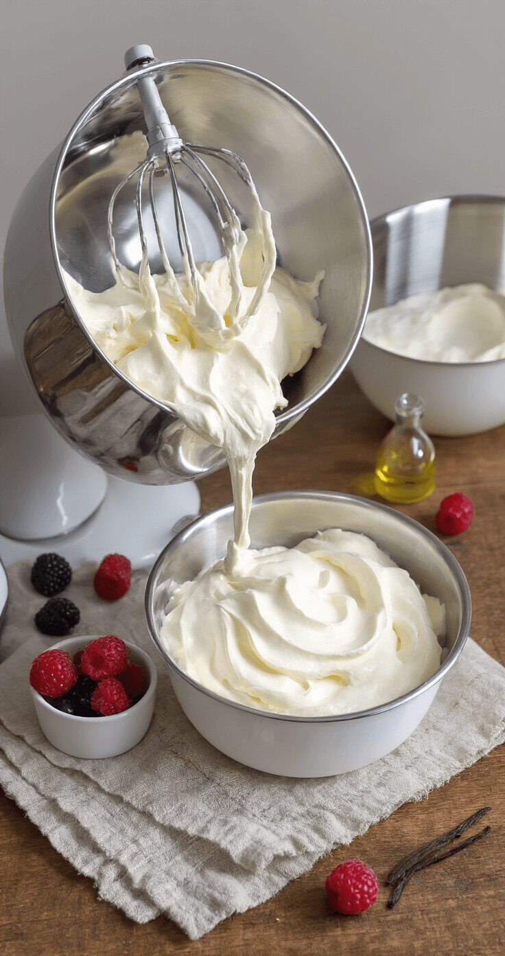 Close-up van een roestvrijstalen kom met romige MonChou, geklopt met een handmixer, naast een tweede kom met stijfgeklopte slagroom en verse bessen, op een vintage houten werkblad.
