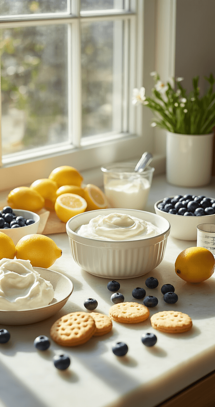 Lichte moderne keuken met een countertop vol ingrediënten voor het maken van yoghurtcake: een kom met witte Griekse yoghurt, verse citroenen, blauwe bessen en goudkleurige boterkoekjes. Een springvorm en meetinstrumenten liggen erbij, met natuurlijk ochtendlicht dat door het raam valt.