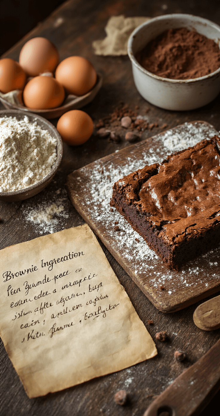 Een rustieke keuken met warme verlichting, waar amandelmeel, cacaopoeder, eieren en roomboter artistiek zijn uitgestald op een verweerd houten aanrecht, omringd door een vintage mengkom en een handgeschreven recept op vergeeld papier.