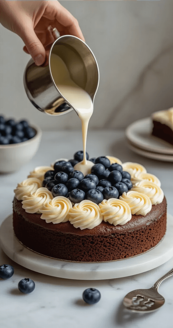 Professioneel verlichte close-up van een elegante MonChou vulling die romig over een donkere browniebodem wordt gegoten, omringd door verse blauwe bessen op een marmeren werkblad, terwijl een zilveren spatel de taart afwerkt in een moderne keuken.