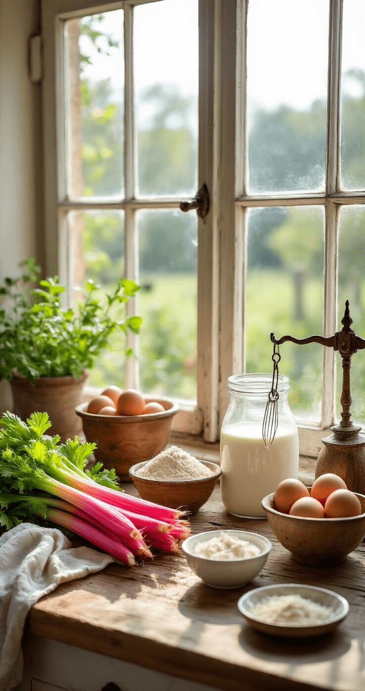 Rustieke keukenscène met daglicht, ingrediënten voor koolhydraatarme rabarbertaart: verse roze rabarber, amandelmeel, roomboter, eieren en Griekse yoghurt, verlicht door zonnestralen.