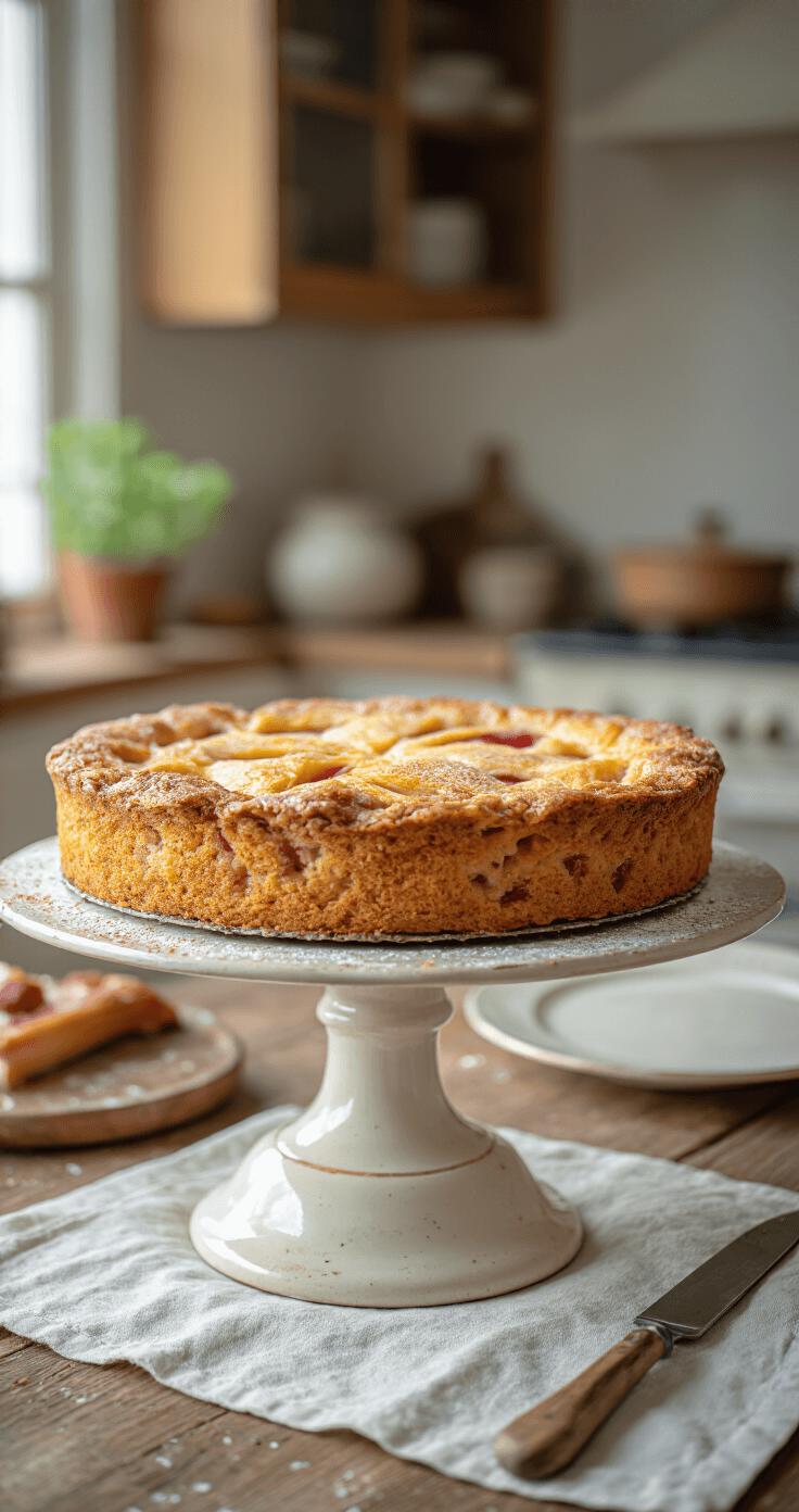 Close-up van een perfecte goudbruine rabarbertaart op een vintage keramische taartstandaard, met zichtbare stukjes roze rabarber en een poederlaag erythritol, in een gezellige Nederlandse keuken met Delfts blauwe tegels.