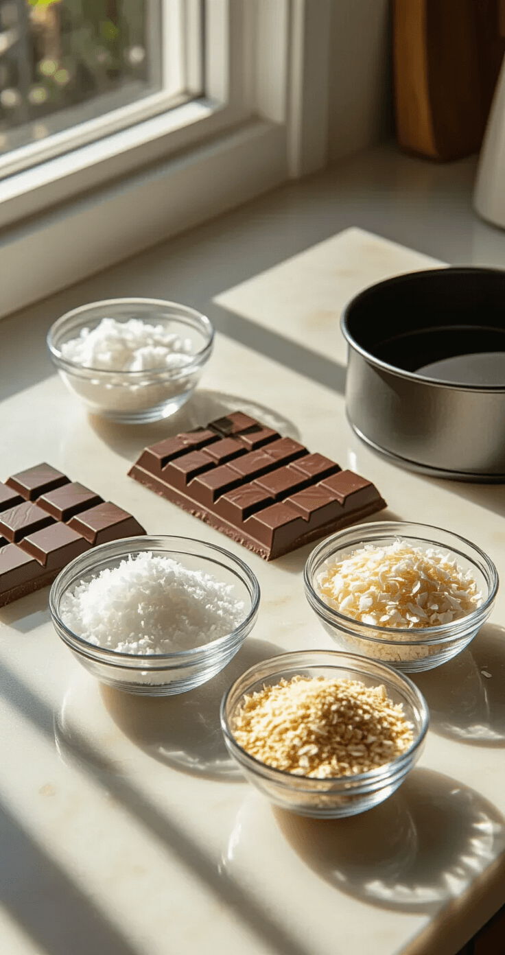 Koolhydraatarme Bountytaart: Heerlijke Low-Carb Verwennerij Zonneschijn verlicht een moderne keuken met zorgvuldig gerangschikte ingrediënten: cristallijnen erythritol, rijke donkere chocolade, verse kokosvlokken en gouden amandelmeel in glazen kommen, met een professionele springvormpan in de buurt.