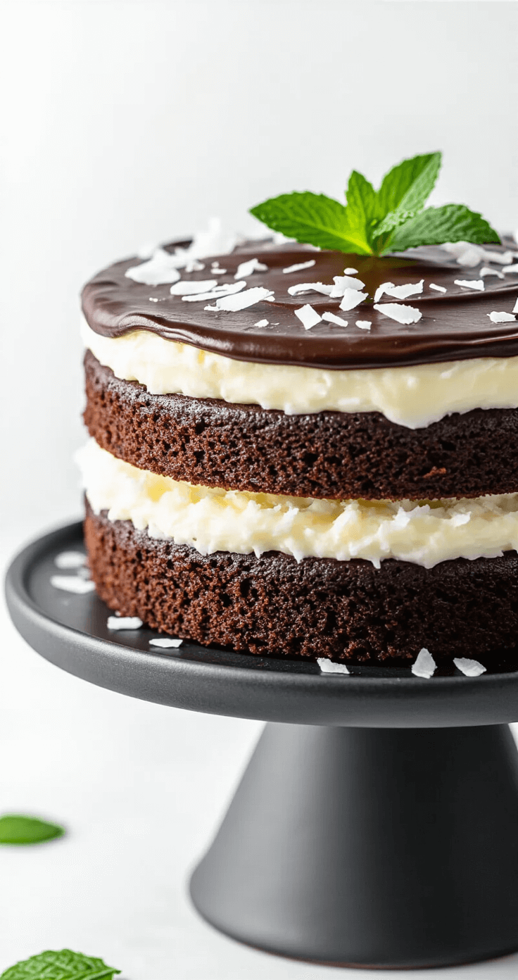 Koolhydraatarme Bountytaart: Heerlijke Low-Carb Verwennerij Artisanale low-carb Bountycake op een matte zwarte keramische taartstandaard, met duidelijk zichtbare lagen van donkere chocolade, romige witte kokosvulling en een glanzende chocoladetopping, gegarneerd met kokosvlokken en een verse muntblad als kleuraccent.