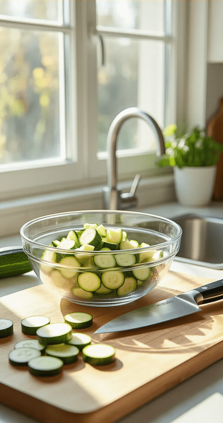 Keto Courgette Appeltaart: De Ultieme Low-Carb Taart Een zonnige keuken met een houten snijplank waarop vers geschild courgette in gelijke blokjes van 1x1cm wordt gesneden. In een glas kom liggen de groene blokjes, terwijl een professioneel koksmes vlakbij ligt. Natuurlijk licht valt door het raam en verlicht de verse ingrediënten en roestvrijstalen keukengerei.