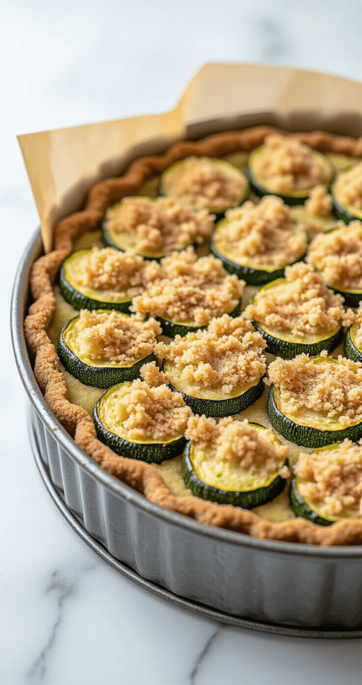 Keto Courgette Appeltaart: De Ultieme Low-Carb Taart Een rustieke springvorm met bakpapier, gevuld met een amandelmeelkorst en gesautéerde courgette, met een gekruimeld deegpatroon bovenop, bestrooid met kaneel, op een ambachtelijk marmeren aanrecht.