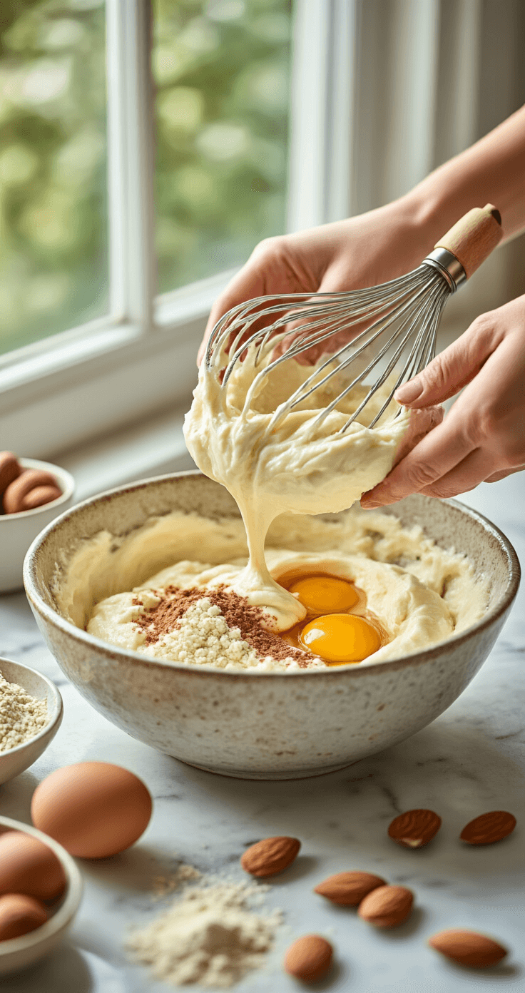 Keto Kwarkcake met Noten: Heerlijk Low-Carb Genot Close-up van handen die ingrediënten mengen in een rustieke keramieken kom, met een romige textuur van kwark en gouden eieren. Natuurlijk licht stroomt door het keukenraam en verlicht de marmeren aanrecht met hele noten en amandelmeel. De mengeling is zijdezacht en glad, met zichtbare kaneelspikkels.