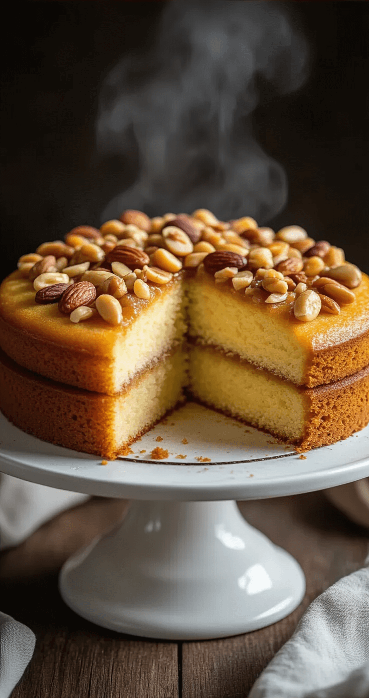 Keto Kwarkcake met Noten: Heerlijk Low-Carb Genot Professionele bovenaanzicht van een perfect gebakken keto kwarktaart op een vintage taartstandaard, met zachte stoom die opstijgt. Het gouden oppervlak is versierd met gekarameliseerde gemengde noten. Een schone, doorgesneden plak onthult een vochtige, dichte textuur in een warme, uitnodigende ambiance door zachte, diffuse verlichting.