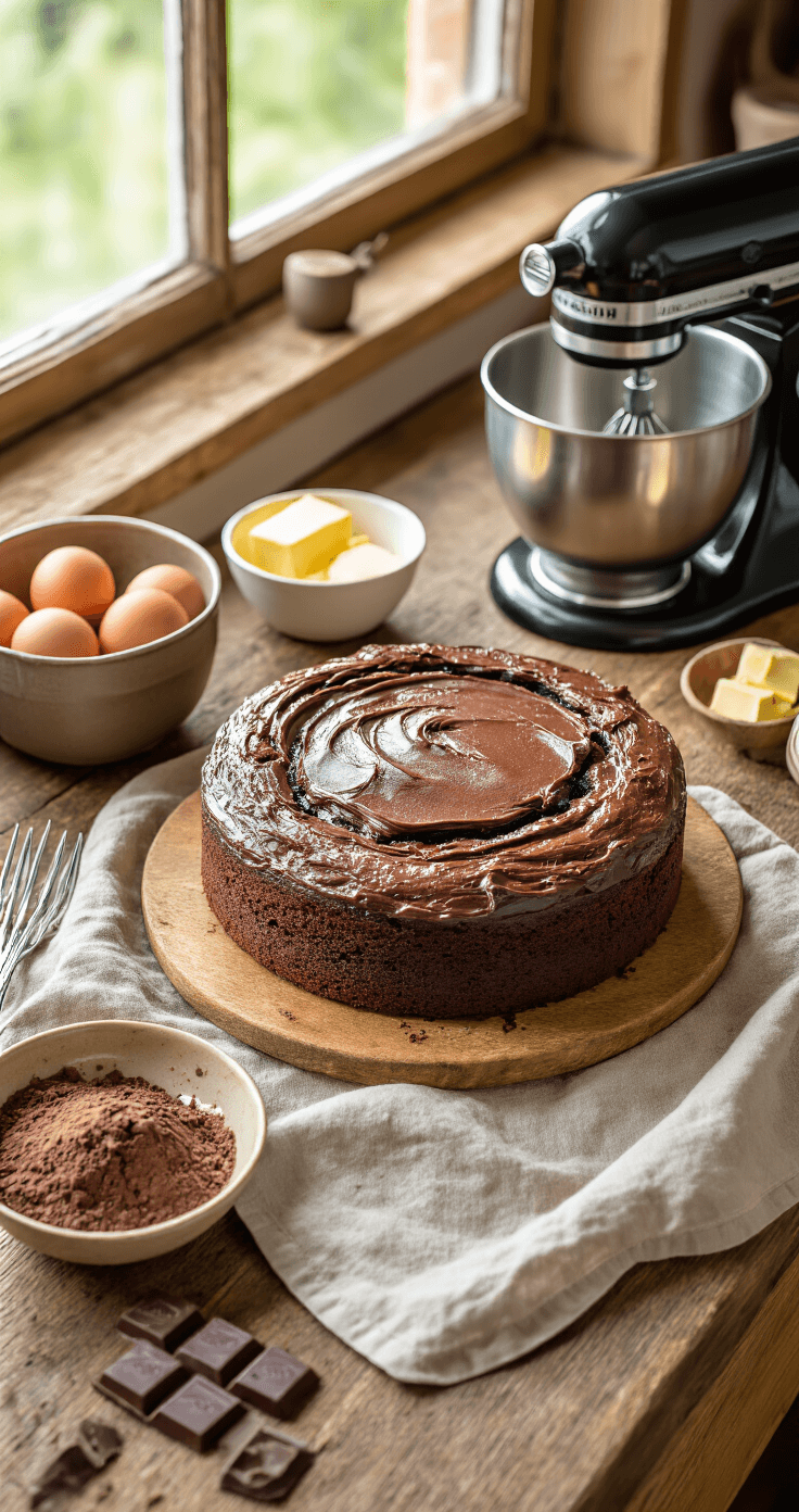 Koolhydraatarme Chocoladetaart met Ganache: Een Luxueus Low-Carb Dessert Een overhead shot van een houten keukentafel met pure chocoladestukken, verse roomboter en amandelmeel, verlicht door warm strijklicht. Een vintage mengkom en mixer staan klaar, met een linnen theedoek in de compositie.