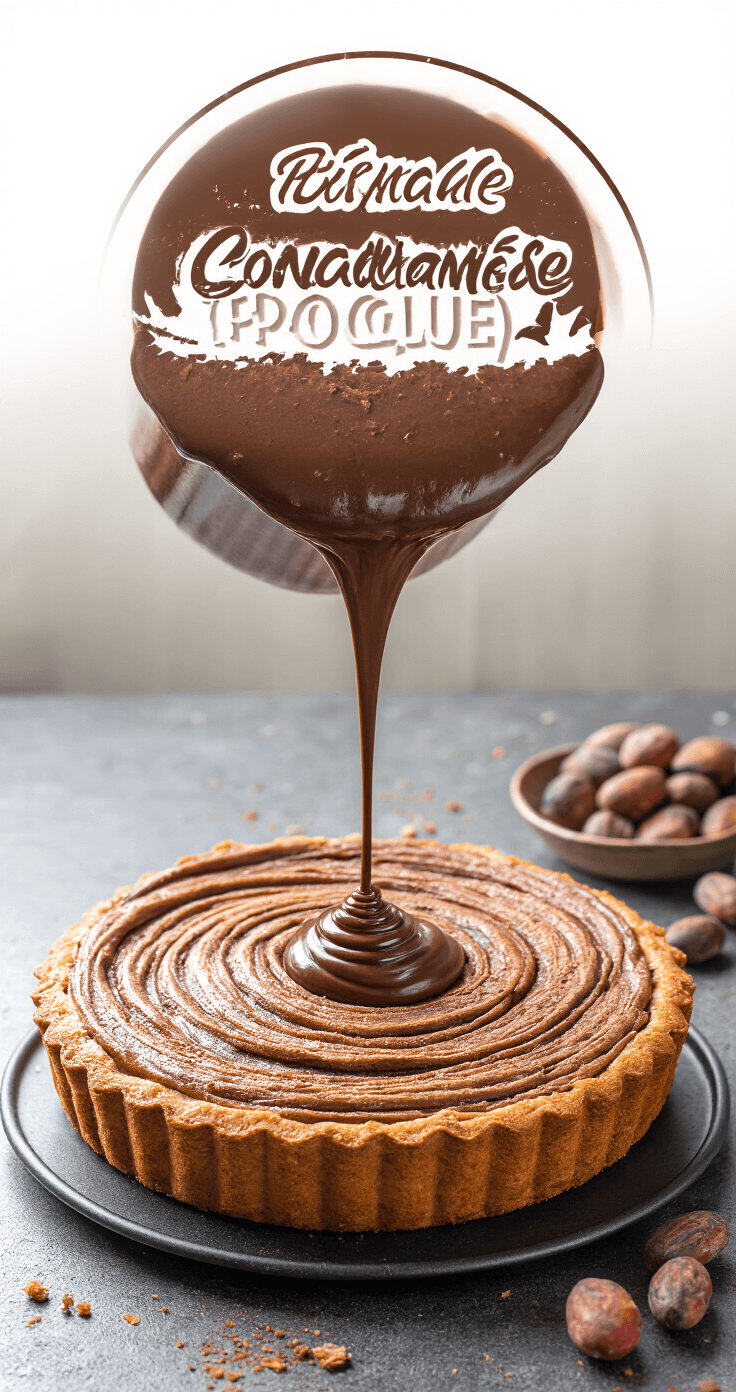 Koolhydraatarme Chocoladetaart met Ganache: Een Luxueus Low-Carb Dessert Een close-up van gouden avondlicht dat donkere chocoladeganache in een spiraalvorm over een chocoladetaart giet, omringd door cacaobonen en cacaopoeder.