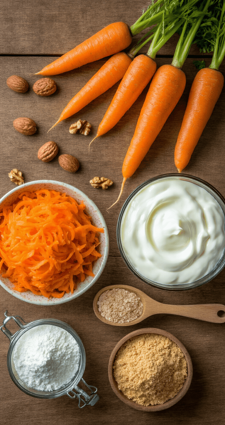 Koolhydraatarm Carrot Cake Ontbijttaartje: Gezond Genieten in Één Handomdraai Rustieke houten keukentafel met verse ingrediënten voor worteltjestaart: geraspte wortelen, walnoten, Griekse yoghurt, amandel- en kokosmeel, vintage rasp en houten lepels in warm ochtendlicht.