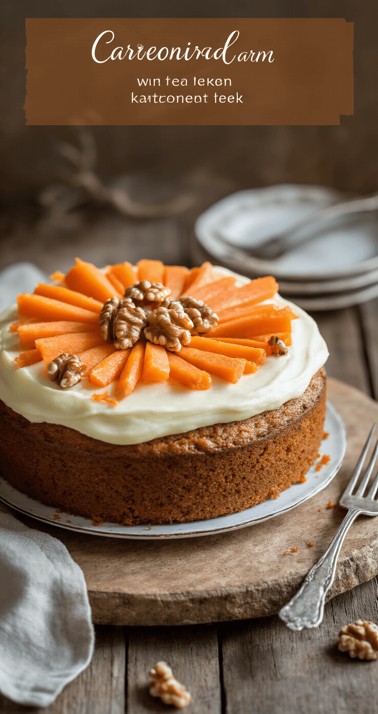 Koolhydraatarm Carrot Cake Ontbijttaartje: Gezond Genieten in Één Handomdraai Ambachtelijk gebakken koolhydraatarm worteltaartje met een gouden kleur, versierd met Sukrin Icing, geraspte wortel en geroosterde walnoten, gefotografeerd op een leisteen plank met een vintage vork en linnen servet.