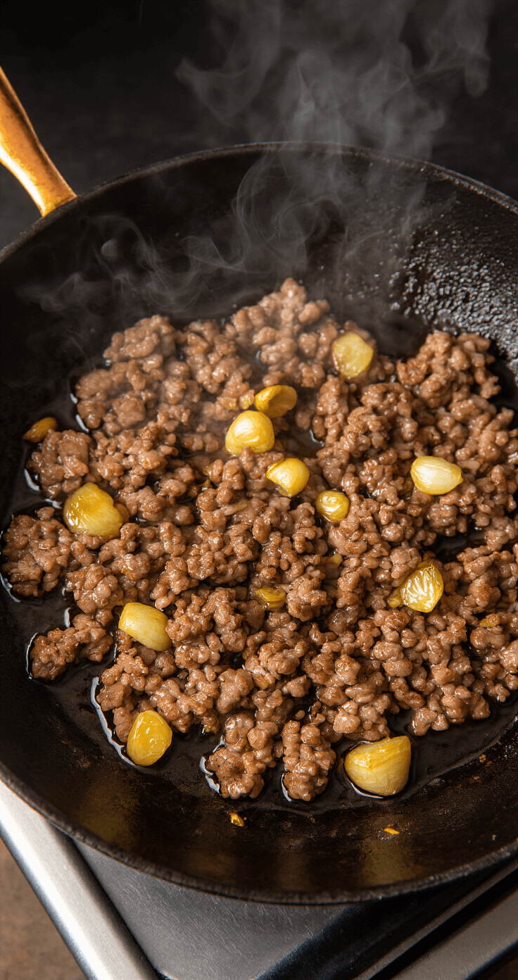 Taco Omelet met Gehakt: Dé Smaakbom van Mexicaans Comfort Close-up van sissend rundergehakt in een gietijzeren pan met goudbruine uitjes en knoflook, omgeven door stoom en kruiden, in een professionele keuken.