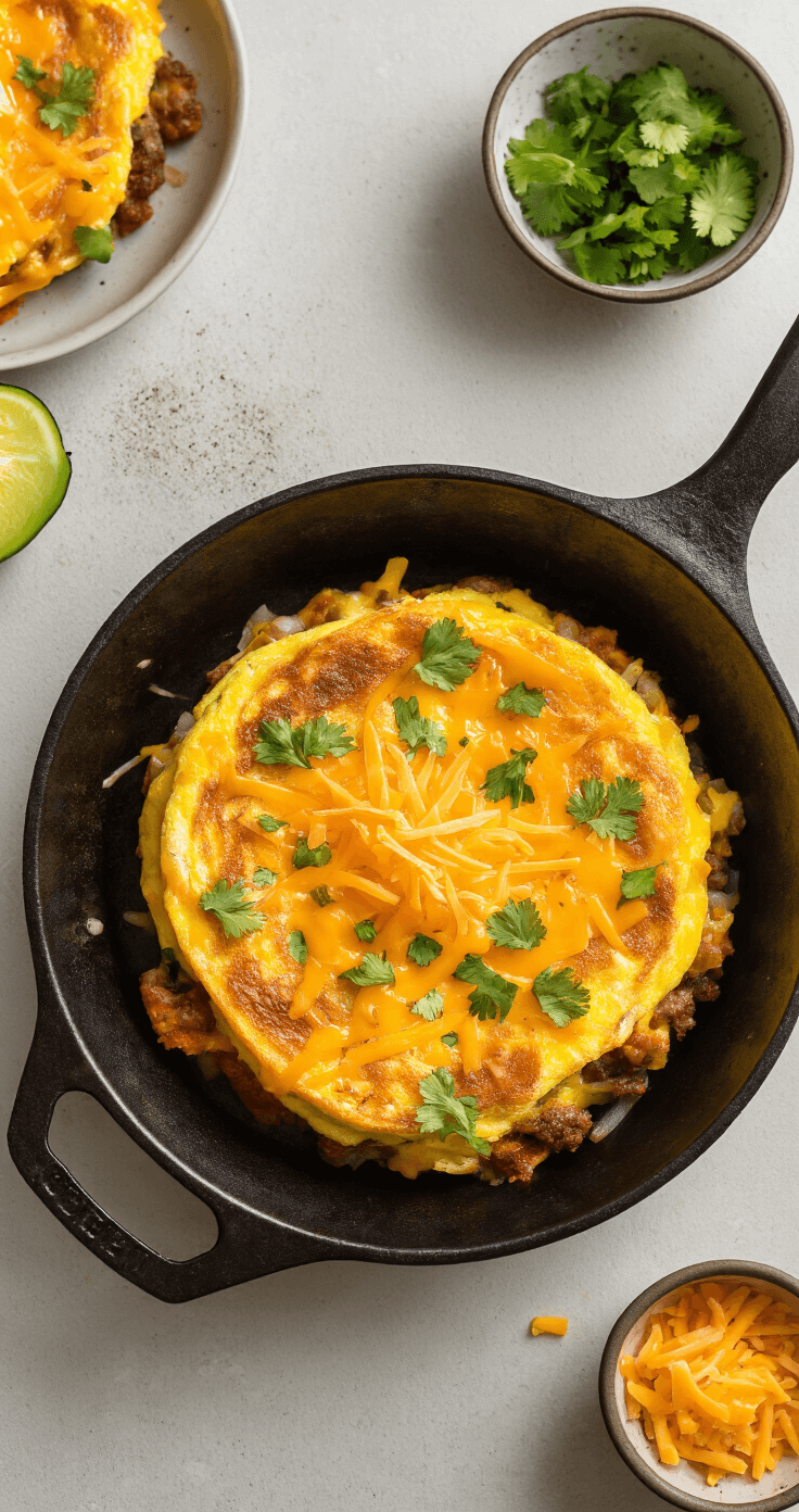 Taco Omelet met Gehakt: Dé Smaakbom van Mexicaans Comfort Overhead shot van een perfect gebakken taco omelet met gesmolten cheddar, goudbruin gegratineerd, in een zwarte springvorm.