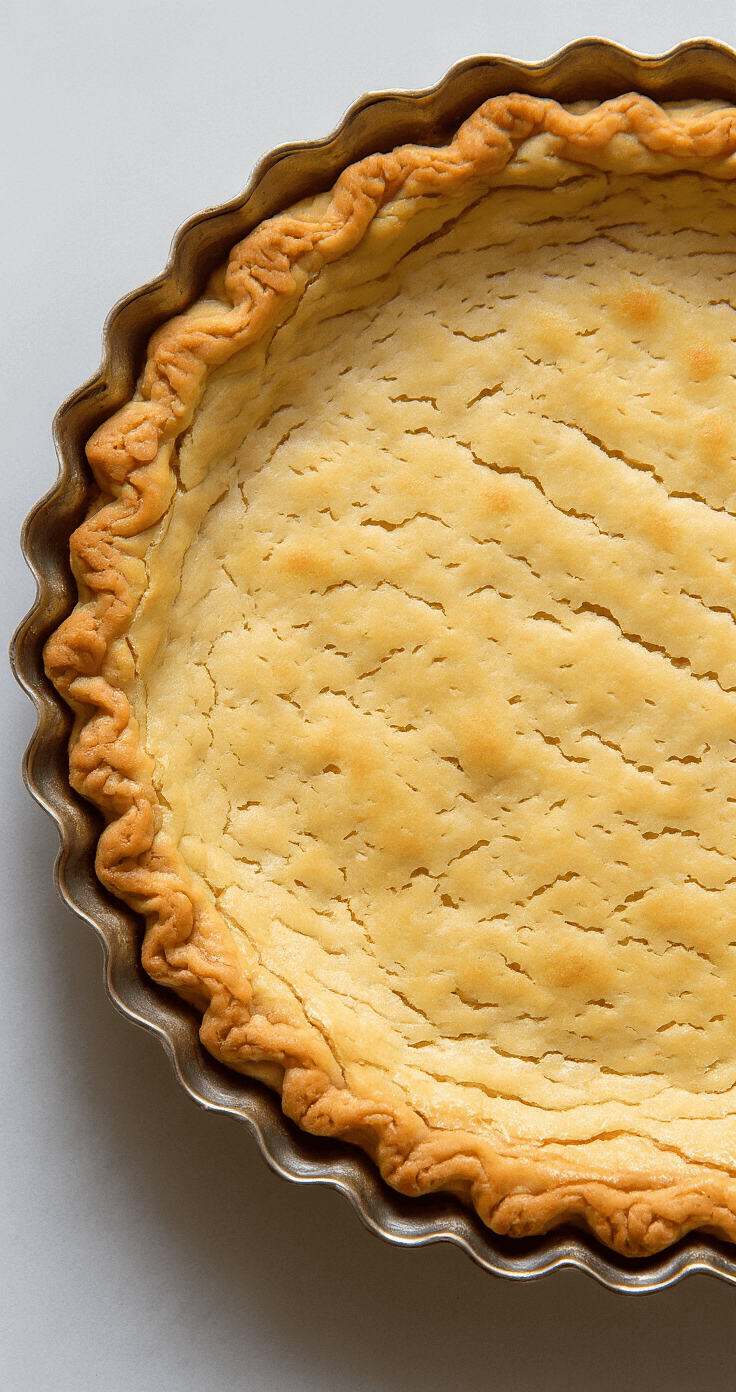 Koolhydraatarme Taartbodem: Dé Ultieme Low-Carb Basis voor Elke Taart Afgebeeld is een prachtig gebakken, goudbruin amandeltaartkorst in een gegolfde metalen taartpan, gefotografeerd vanuit een hoek van 45 graden. De korst heeft delicate deukjes en perfect gekromde randen, met warm licht dat de textuur van het oppervlak benadrukt. De amandelkorst vertoont een rijke warme kleurverloop van honing-goud naar dieper amber.