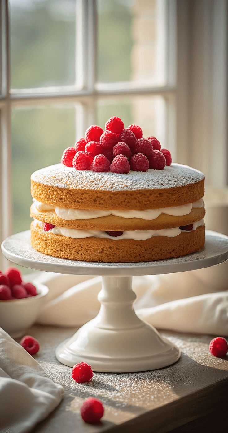 Een elegante keto Victoria-sponscake op een vintage wit keramisch taartstandaard, bestoven met poedersuiker erythritol. Verse rode frambozen vallen aan één zijde, terwijl de romige vulling verleidelijk tussen de perfect gouden lagen tevoorschijn komt. Zacht namiddaglicht stroomt door een raam en accentueert de textuur van de cake.