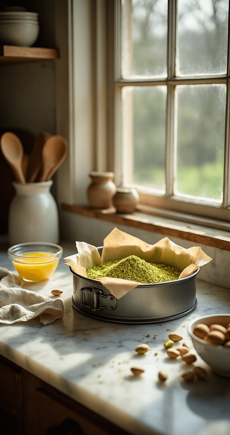 Koolhydraatarme Pistache Cheesecake: Een Heerlijk Keto Dessert Een gezellige, ambachtelijke bakscene in een rustieke keuken met warm, natuurlijk licht dat door een raam stroomt. Op een marmeren aanrecht liggen fijngemalen, smaragdgroene pistachenoten mengend met gouden amandelmeel. Een vintage springvorm met bakpapier en een klein glazen schaaltje met gesmolten boter zijn in de buurt te zien.