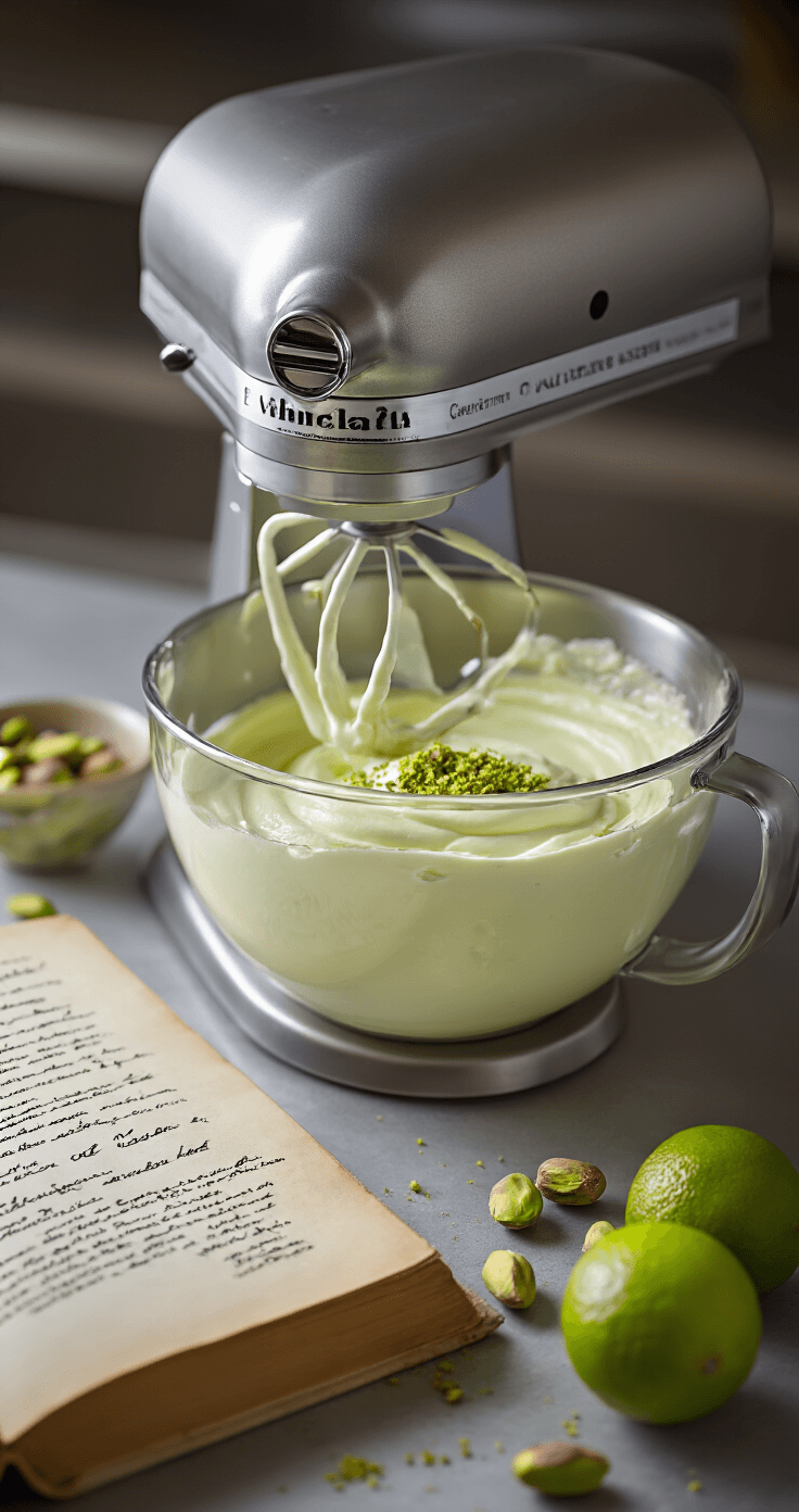 Koolhydraatarme Pistache Cheesecake: Een Heerlijk Keto Dessert Professionele keuken met een roestvrijstalen standmixer die een zijdezachte roomkaasvulling maakt. Verspreide pistachenoten en limoenrasp omlijsten het pale groene mengsel, terwijl een geopend, verweerd receptenboek op de achtergrond traditionele ambachtelijkheid en moderne keto-bakken suggeert.