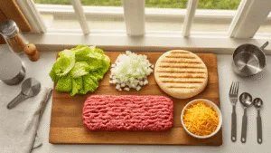 A cinematic overhead shot of a modern kitchen countertop featuring a rustic wooden cutting board with ingredients for a Big Mac Flatbread, including raw ground beef, diced onions, iceberg lettuce, golden-brown flatbreads, and shredded cheddar cheese, bathed in warm natural lighting with soft depth of field.