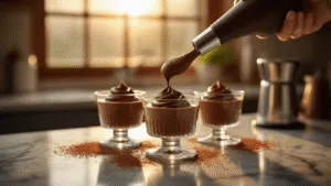 A luxurious dark chocolate coffee mousse being piped into elegant crystal dessert glasses, illuminated by warm golden hour lighting, with floating cocoa powder and glistening espresso drops, set against a soft bokeh of professional kitchen tools and moody dark tones.