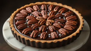 Aerial view of a luxurious chocolate pecan tart on a vintage ceramic cake stand, featuring a glossy dark chocolate ganache topped with artistically arranged roasted pecans and scattered sea salt, set against a dark moody background with warm ambient lighting and a marble surface.