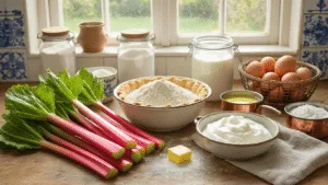 A rustic Dutch kitchen scene showcasing ingredients for a low-carb rhubarb pie, featuring fresh pink rhubarb, almond flour in a vintage ceramic bowl, mason jars of coconut flour and erythritol, farm-fresh eggs, melted butter in a copper pot, and Greek yogurt in an artisanal bowl, all bathed in soft natural daylight with warm earth tones and subtle blue accents from Delft tiles.