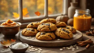 A rustic Dutch kitchen illuminated by warm autumn light, showcasing a center composition of golden-brown pumpkin chocolate cookies with dark chocolate chunks on a vintage wooden board. Surrounding ingredients include pureed pumpkin, oats, cinnamon sticks, and melted coconut oil, with natural light casting long shadows and autumn leaves softly blurred in the background.