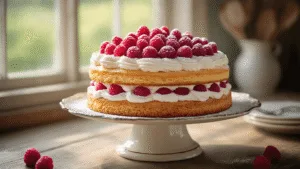A luxurious layered raspberry cream cake on an antique ceramic stand, showcasing distinct layers of sponge, raspberry filling, and whipped cream, with fresh raspberries on top, set in a Dutch kitchen with natural daylight and rustic elements.