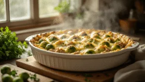 A golden-brown bubbling casserole dish filled with halved Brussels sprouts and seasoned ground chicken, topped with crispy melted aged Gouda, in a moody Dutch kitchen with soft natural light, rustic elements, and fresh herbs scattered on a wooden cutting board.