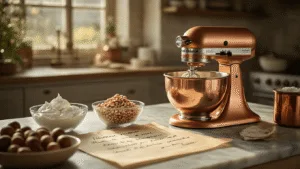 A rustic kitchen bathed in warm golden hour light showcases a copper stand mixer with glossy meringue peaks, surrounded by vintage glass bowls of finely ground hazelnuts and erythritol, with a handwritten recipe on a marble countertop and parchment paper circles, all emphasizing artisanal baking aesthetics in hyperrealistic detail.