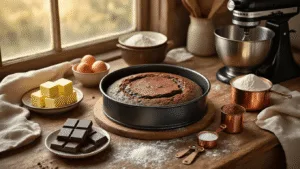 Cinematic overhead shot of a rustic kitchen table featuring keto chocolate cake baking ingredients, including dark chocolate, butter, almond flour, and free-range eggs, with warm golden hour lighting and a matte black springform pan.