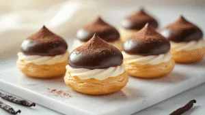 Cinematic close-up of keto chocolate cream puffs on white marble with natural lighting, featuring glossy dark chocolate coating, fine cocoa powder, and visible cream filling; styled with vanilla pods and erythritol crystals, in ultra-high resolution.