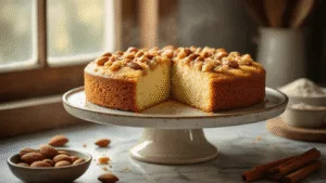 A cinematic shot of a keto quark cake on a vintage ceramic stand, showcasing a golden-brown surface with caramelized mixed nuts, a slice revealing its moist texture, surrounded by scattered ingredients on a rustic marble countertop, in warm, diffused light.