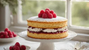 A photorealistic image of an elegant keto Victoria sponge cake on a vintage ceramic cake stand, featuring almond flour layers, whipped cream, sugar-free raspberry jam, and fresh raspberries, styled with vintage silverware and rose petals, captured with soft natural lighting in 8K resolution.