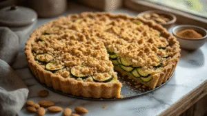 Close-up of a golden-brown keto zucchini crumble tart in a springform pan, featuring a textured almond flour topping dusted with cinnamon, with sautéed zucchini layered inside. The rustic kitchen is bathed in warm afternoon light, highlighting a vintage marble countertop and scattered almonds, with soft bokeh effect.