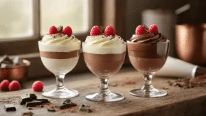 A close-up of three elegant glass coupes filled with layered chocolate mousse in white, milk, and dark chocolate, garnished with fresh raspberries and chocolate curls, set on a rustic wooden surface with soft natural lighting.