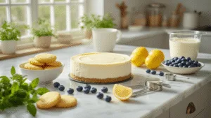A bright, modern Dutch kitchen filled with natural light, showcasing the preparation of a no-bake yogurt cheesecake. A marble countertop features organized ingredients like lemon cookies, Greek yogurt, fresh lemons, blueberries, and mint leaves, with a springform pan and mixing tools arranged thoughtfully. The scene captures an ethereal atmosphere with soft shadows and a creamy color palette of whites, yellows, and purples, emphasizing a homemade touch.