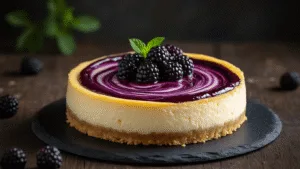 A creamy low-carb blackberry cheesecake with a golden almond-coconut crust and marbled purple compote on top, garnished with fresh blackberries and mint leaves, presented on a black slate plate against a moody dark background, featuring soft directional lighting and rich textural details.