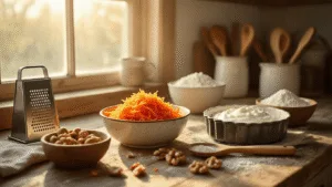 Cinematic close-up of a rustic kitchen scene with morning sunlight, featuring grated carrots, walnuts, and Greek yogurt on a wooden farmhouse table, arranged with a springform pan and vintage kitchen utensils in a warm, textured atmosphere.