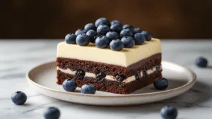 Luxurious low-carb brownie MonChou cake with a creamy cheese layer and fresh blueberries, photographed in soft natural light on a marble counter, showcasing rich textures and vintage props in a moody, elegant setting.