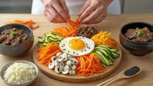 A professional chef prepares colorful low-carb Korean bibimbap components in a modern bright kitchen, featuring julienned carrots, zucchini, and mushrooms on a wooden cutting board, marinated beef, a cauliflower rice base, a perfectly fried egg, and vibrant vegetables arranged in a circular pattern, all captured in soft natural lighting with a warm color grade.