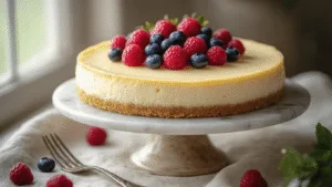 Cinematic close-up of a low-carb MonChou cheesecake on a vintage marble stand, featuring a creamy white filling topped with fresh berries, set against a textured linen backdrop with moody cottage core aesthetics and soft morning light.