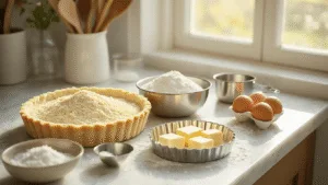 A bright morning scene in a minimalist kitchen featuring a high-end marble countertop with arranged baking ingredients including golden almond flour, white coconut flour, farm-fresh eggs, soft butter, and a silver mixing bowl, all captured in warm cream and golden tones with soft bokeh, showcasing an antique fluted tart pan in hyperrealistic detail.