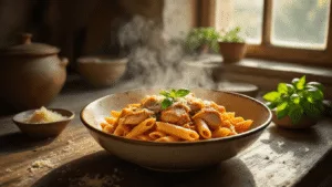 A rustic Italian kitchen setting featuring a steaming bowl of creamy low-carb penne pasta with chicken, garnished with basil and Parmesan, with warm lighting, a glass of white wine, and a flickering candle.