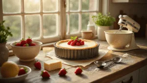 A hyperrealistic photograph of rustic keto cheesecake preparation featuring fresh ingredients like almond flour, quark cheese, and strawberries, arranged on a vintage wooden countertop with soft natural sunlight illuminating the scene.