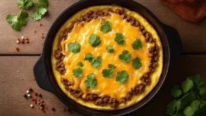 Cinematic overhead shot of a taco omelet in a black cast iron pan, topped with bubbling cheddar cheese, garnished with cilantro, in a warm-toned rustic kitchen setting, showcasing rich textures and Mexican spices, with a hint of steam and dramatic lighting.