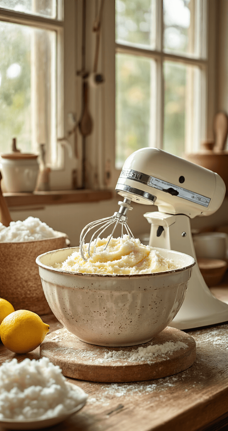Rustieke keuken met warm natuurlijk licht; houten aanrecht met vintage mengkom met roomboter en bruine suiker, een elektrische mixer, versgeraspte kokos en verse limoenen, warme en huiselijke sfeer.