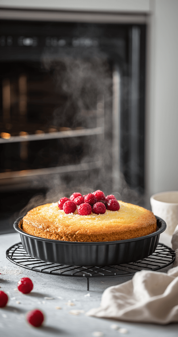 Perfect gebakken kokoscake uit de oven in een matte zwarte bakvorm, versierd met kokosvlokken en rode bessen, omgeven door stoom en zonlicht.